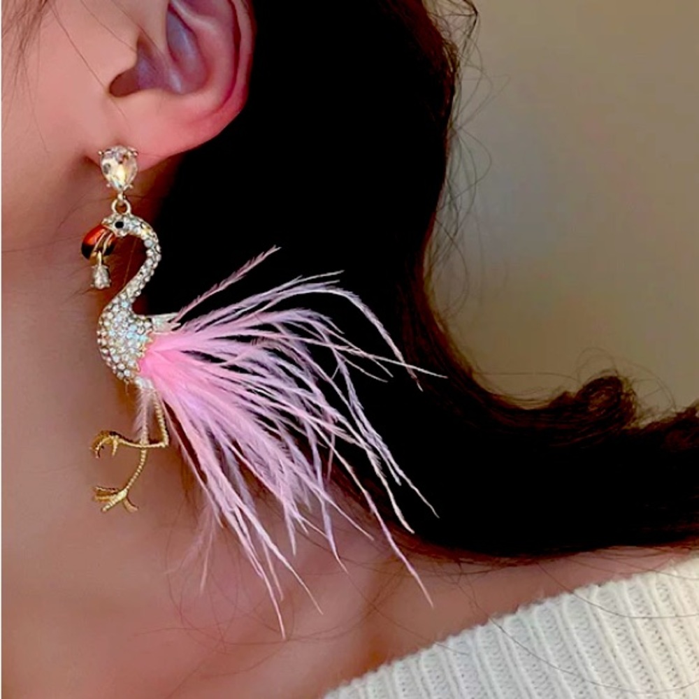 Pink Flamingo Rhinestone Dangle Earrings Fashion Jewelry Accessories - Picture 2 of 4